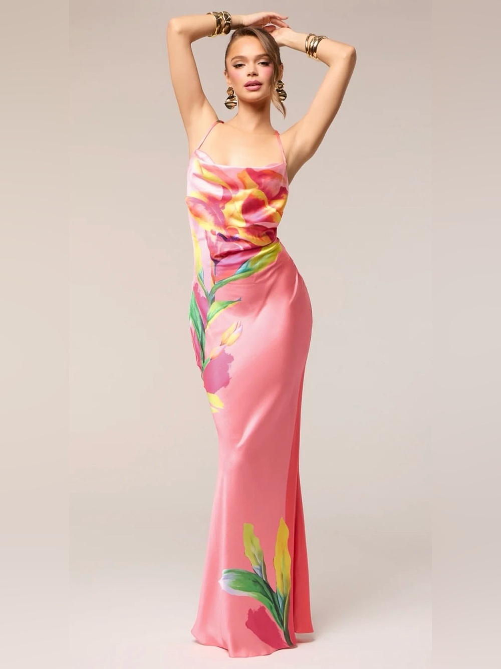 Windsor Pink Floral-Print Slip Vacation Glow Floral Satin Maxi Dress